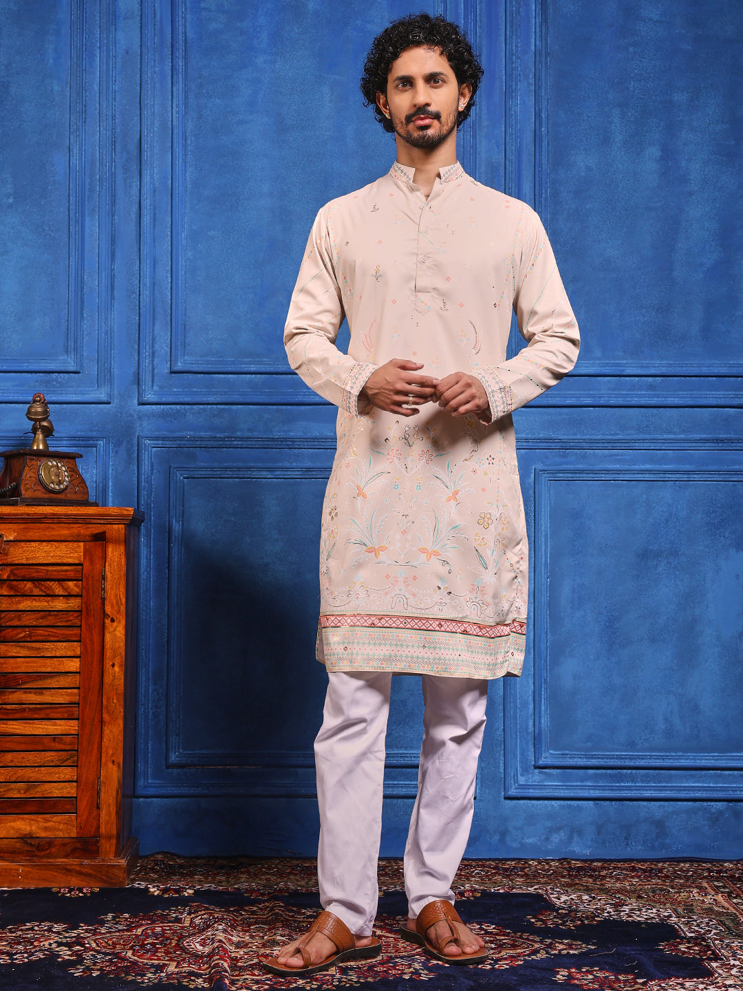 Off White Foil Print On Cotton Satin Kurta