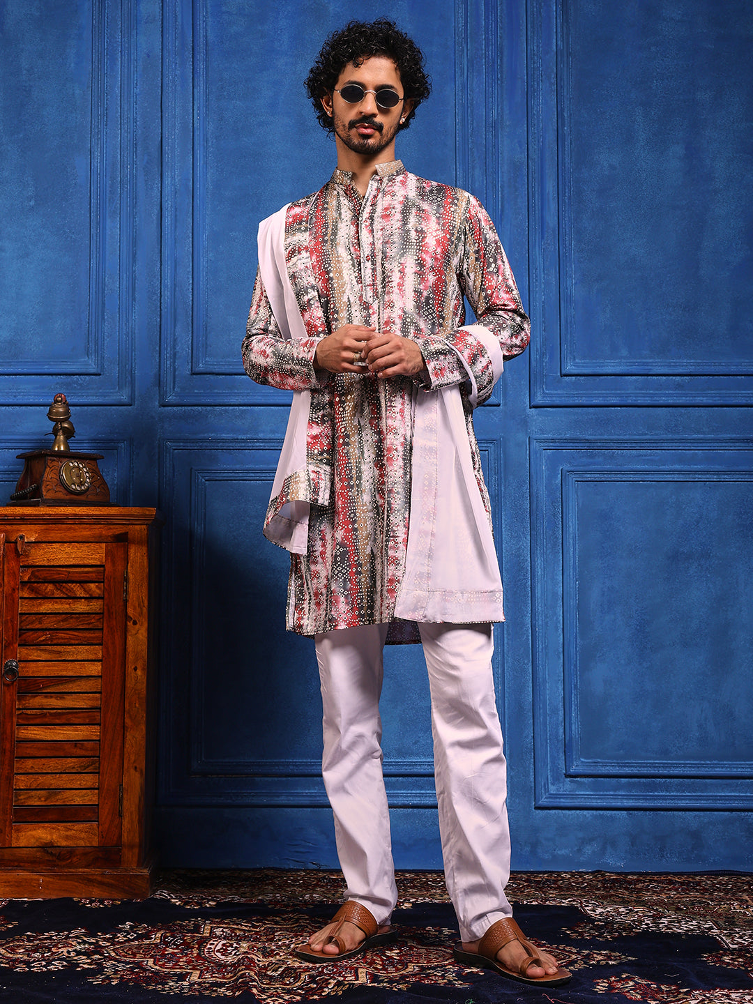White bandhani  Printed Kurta Plus Dupatta Set