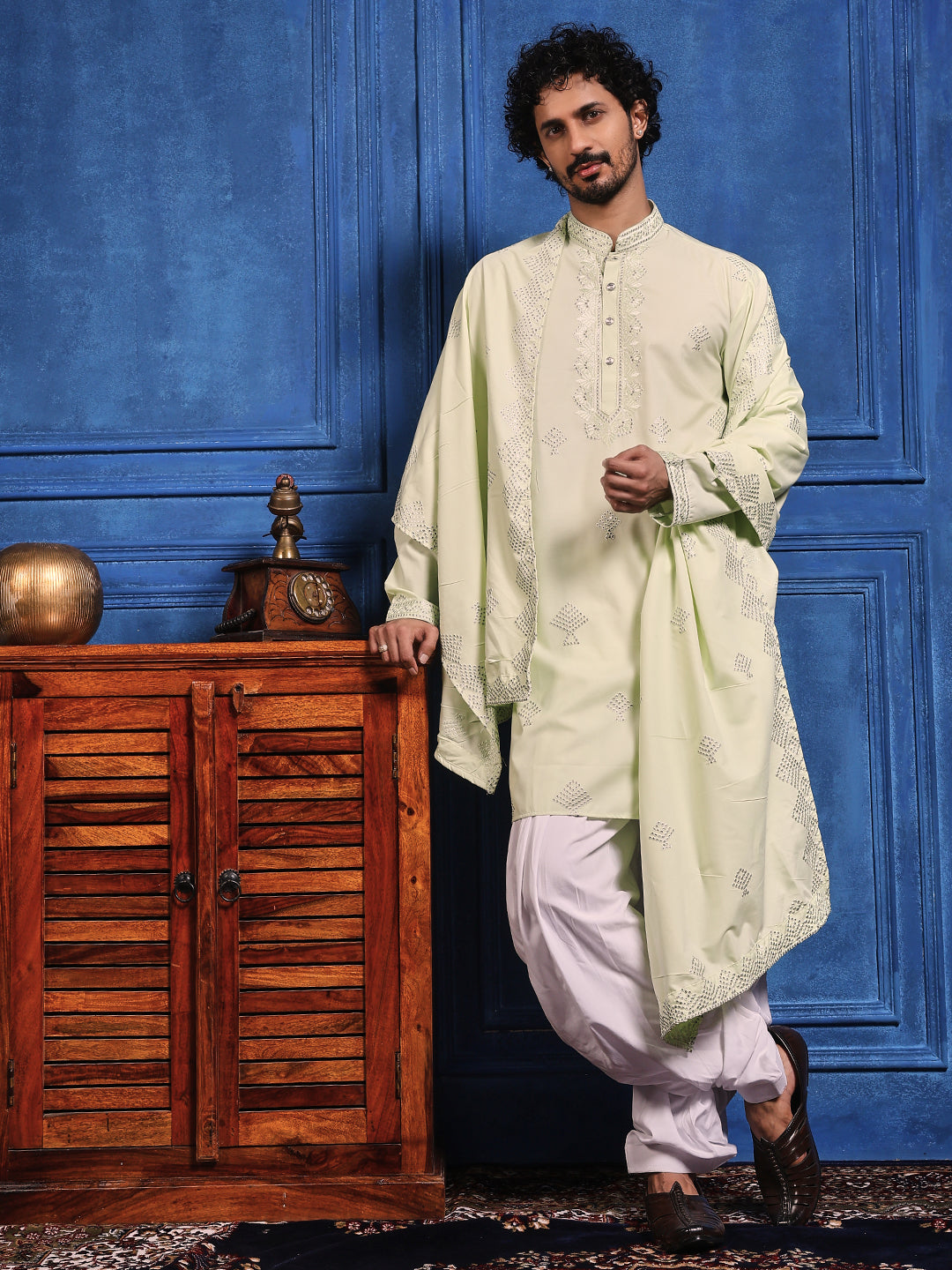 Pistachio Green Embroidered Kurta With Dupatta And Patiala Pant Set