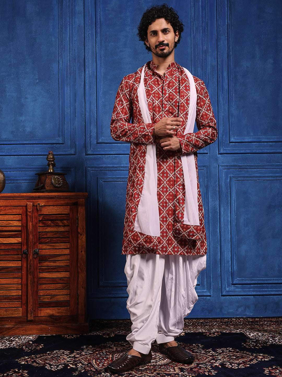 Deep Red Bandhani Printed Kurta Plus Dupatta Set