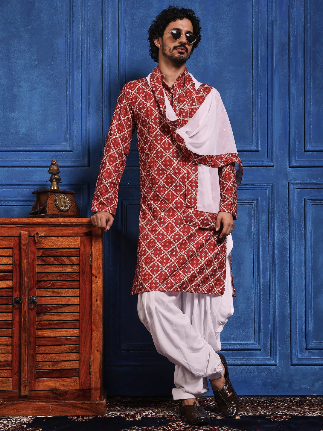 Deep Red Bandhani Printed Kurta Plus Dupatta Set
