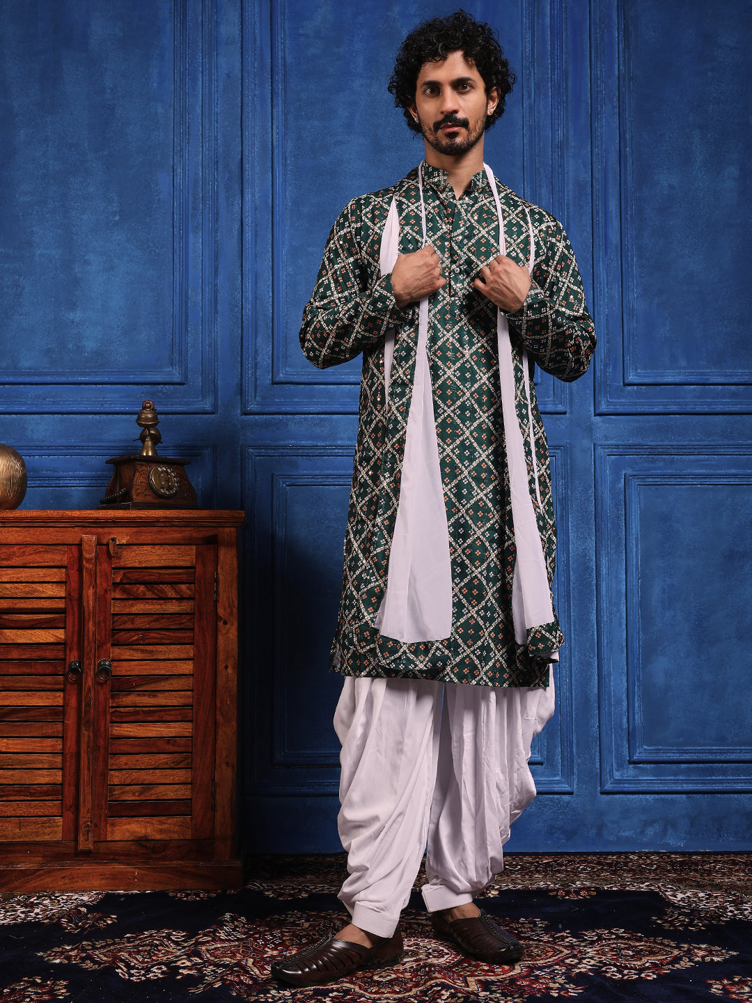 Deep Green Bandhani Printed Kurta Plus Dupatta Set