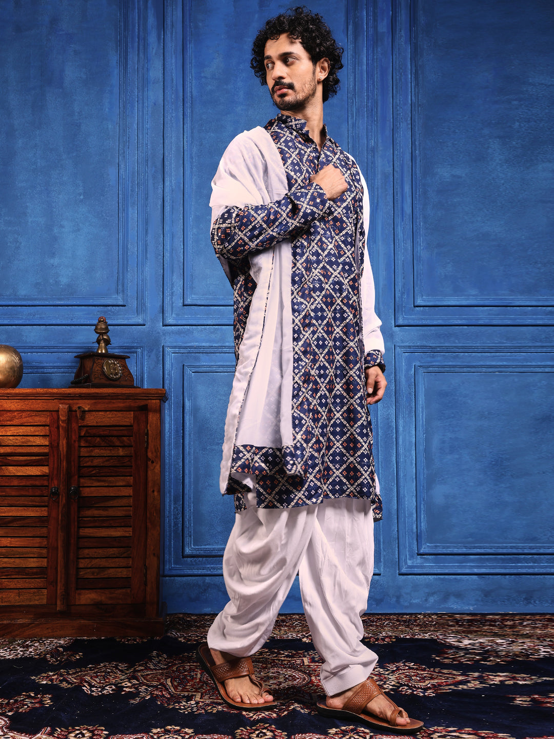 Deep Blue Bandhani Printed Kurta Plus Dupatta Set