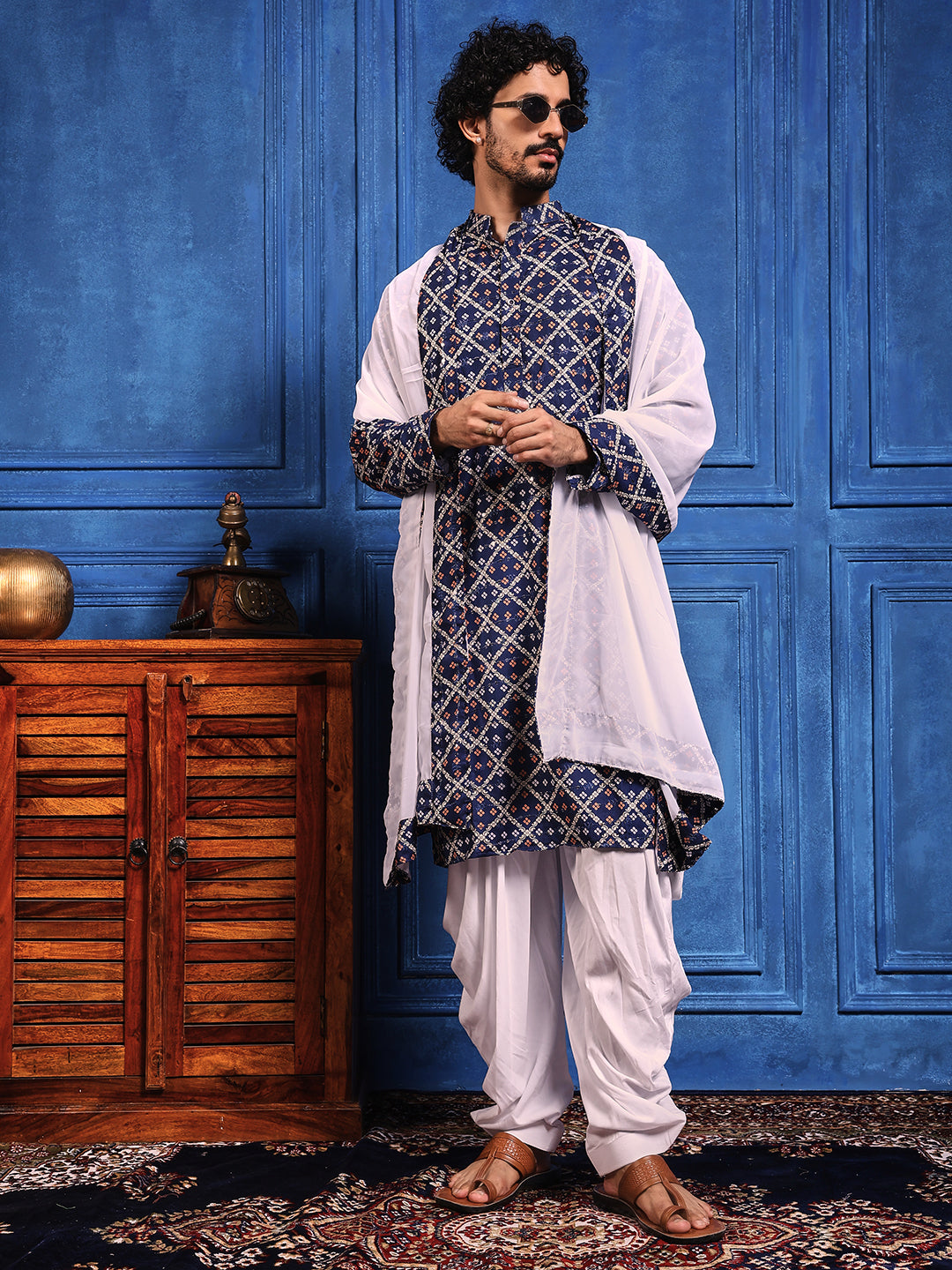 Deep Blue Bandhani Printed Kurta Plus Dupatta Set