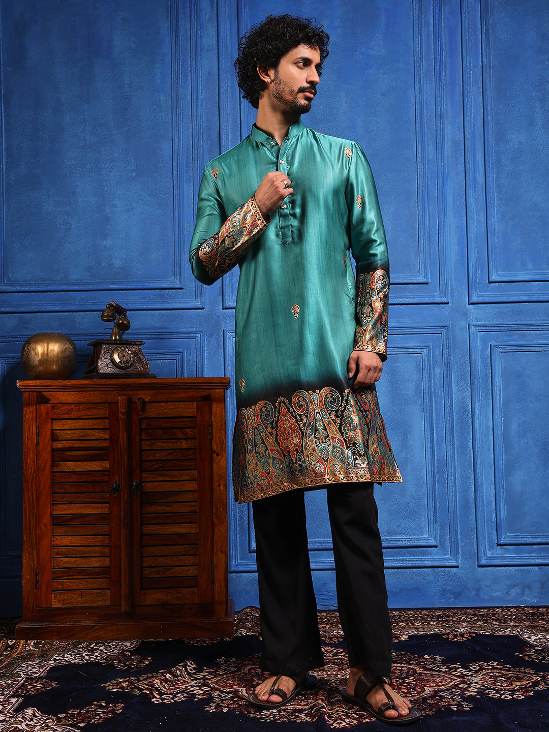 Rustic Teal Foil Printed Cotton Linen Kurta Set