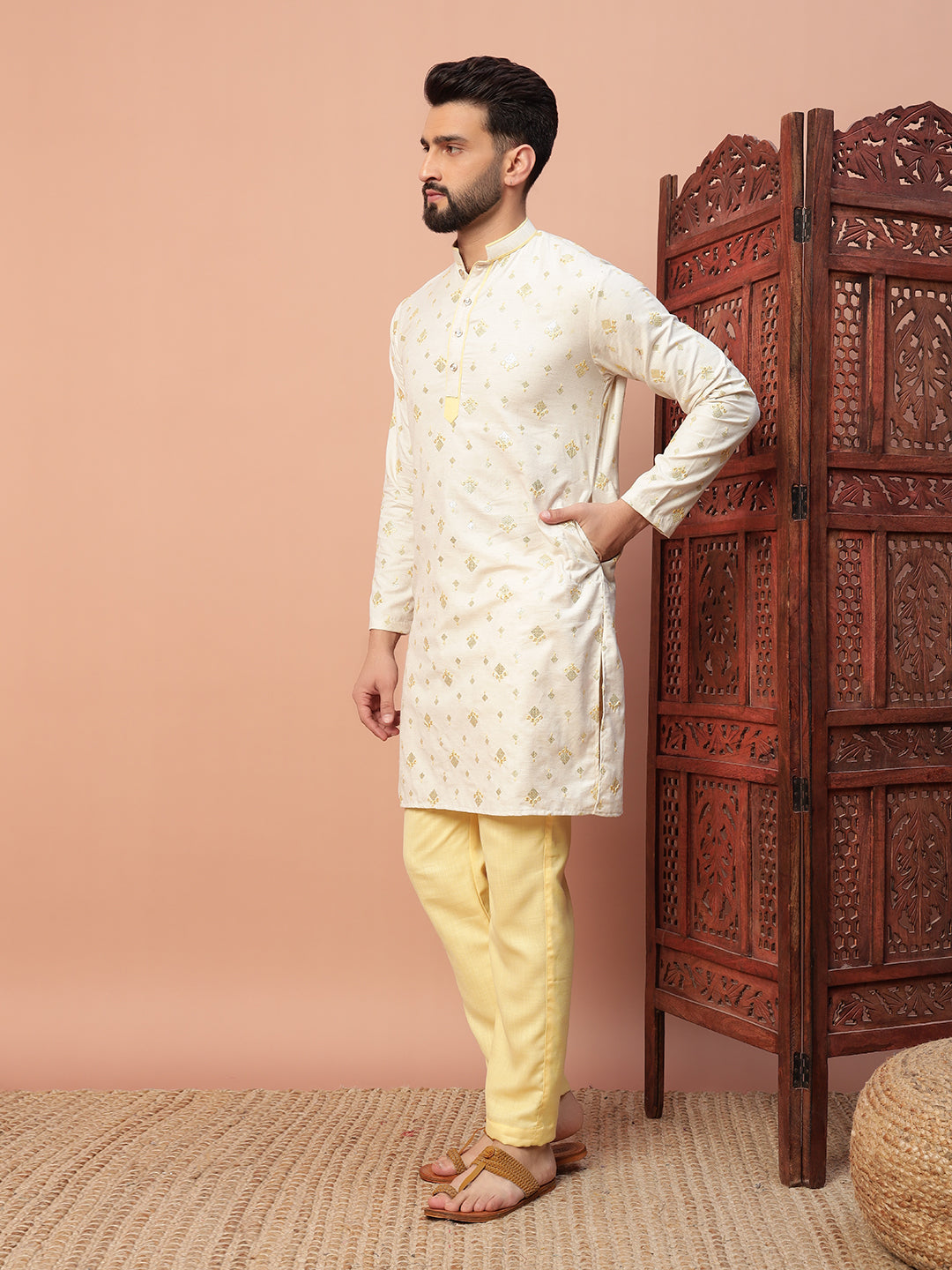 Natural Fabric with Yellow Butta Embroidery 100% Natural cotton kurta set