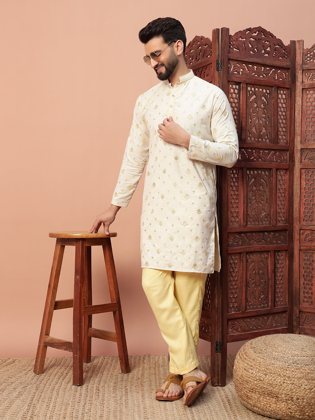 Natural Fabric with Yellow Butta Embroidery 100% Natural cotton kurta set