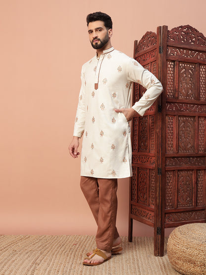 Natural Fabric with Brown Butta Embroidery on Natural Cotton kurta set