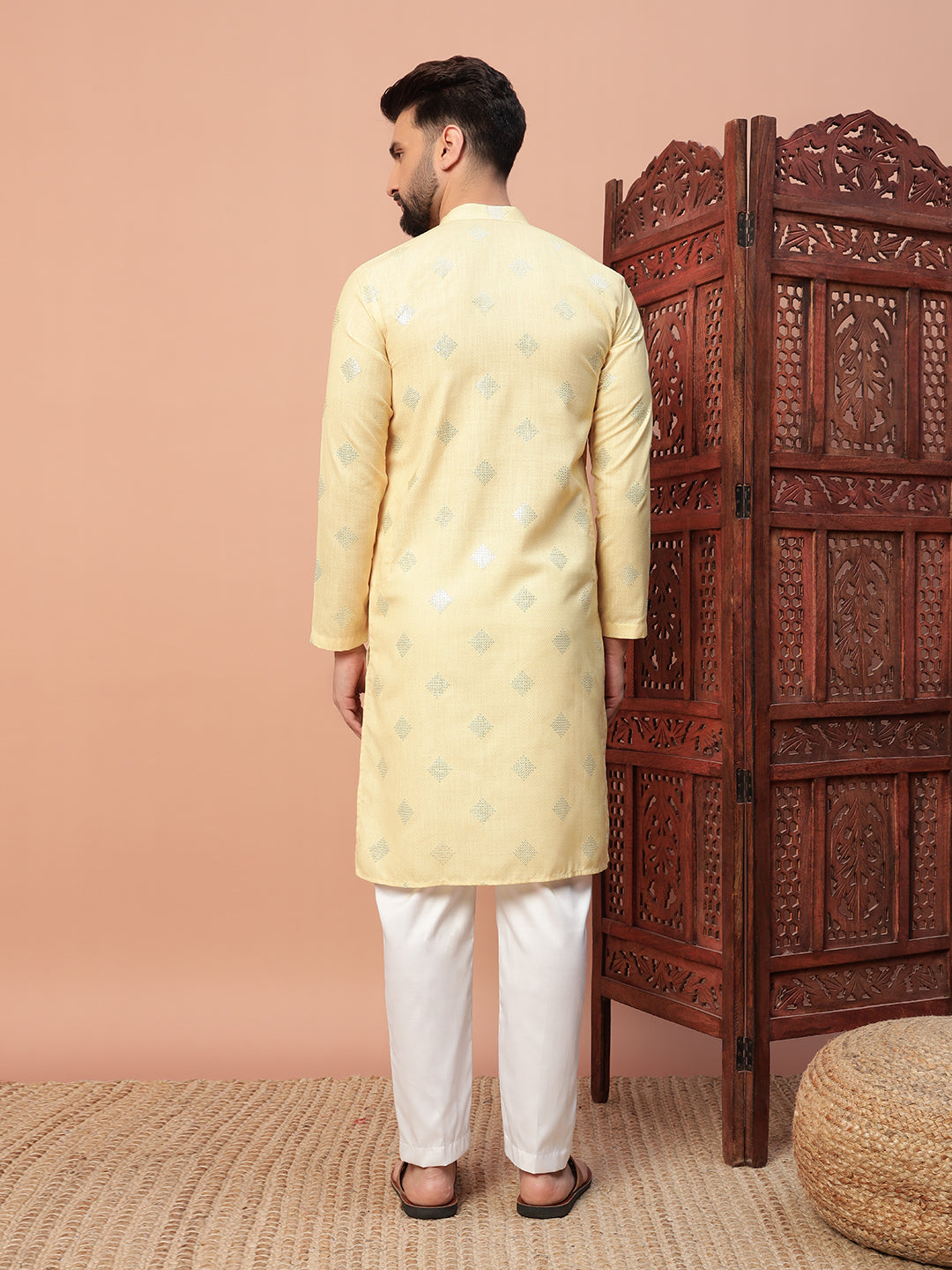 Yellow White Linen Kurta Set