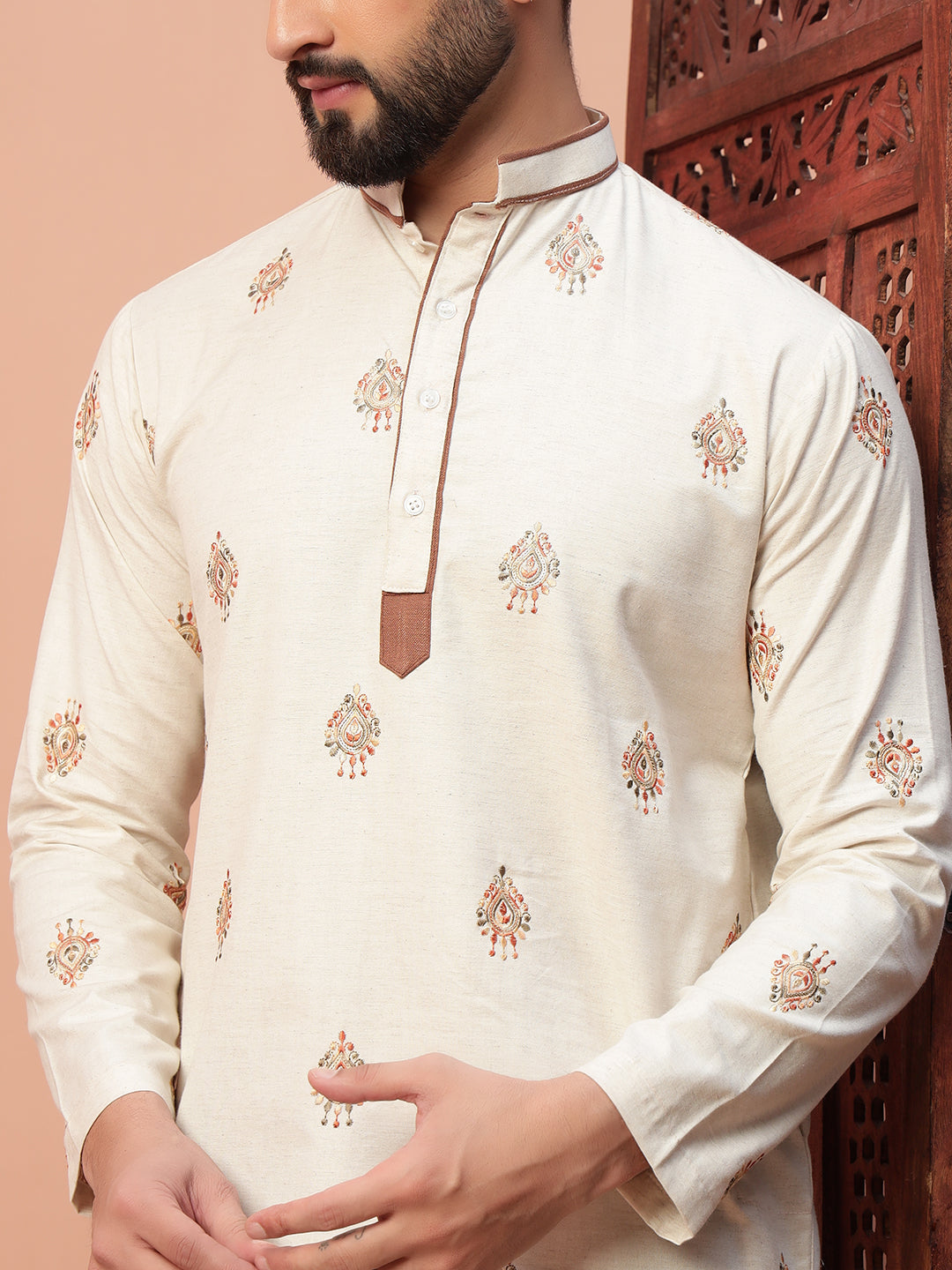 Natural Fabric with Brown Butta Embroidery on Natural Cotton kurta set