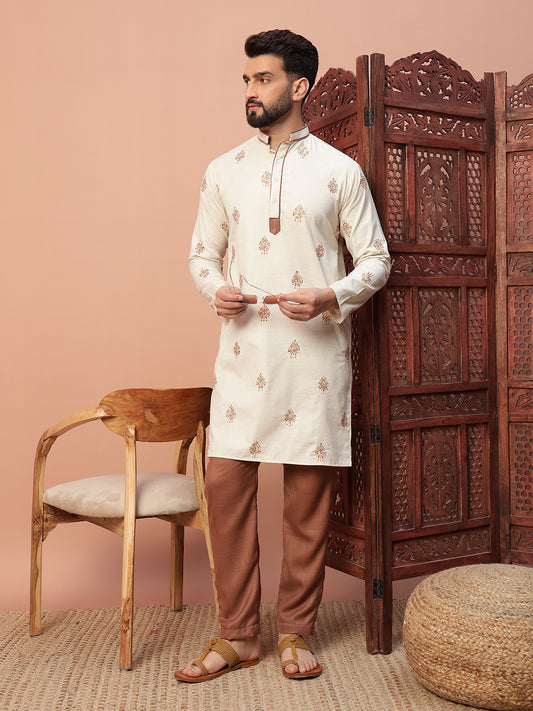 Natural Fabric with Brown Butta Embroidery on Natural Cotton kurta set