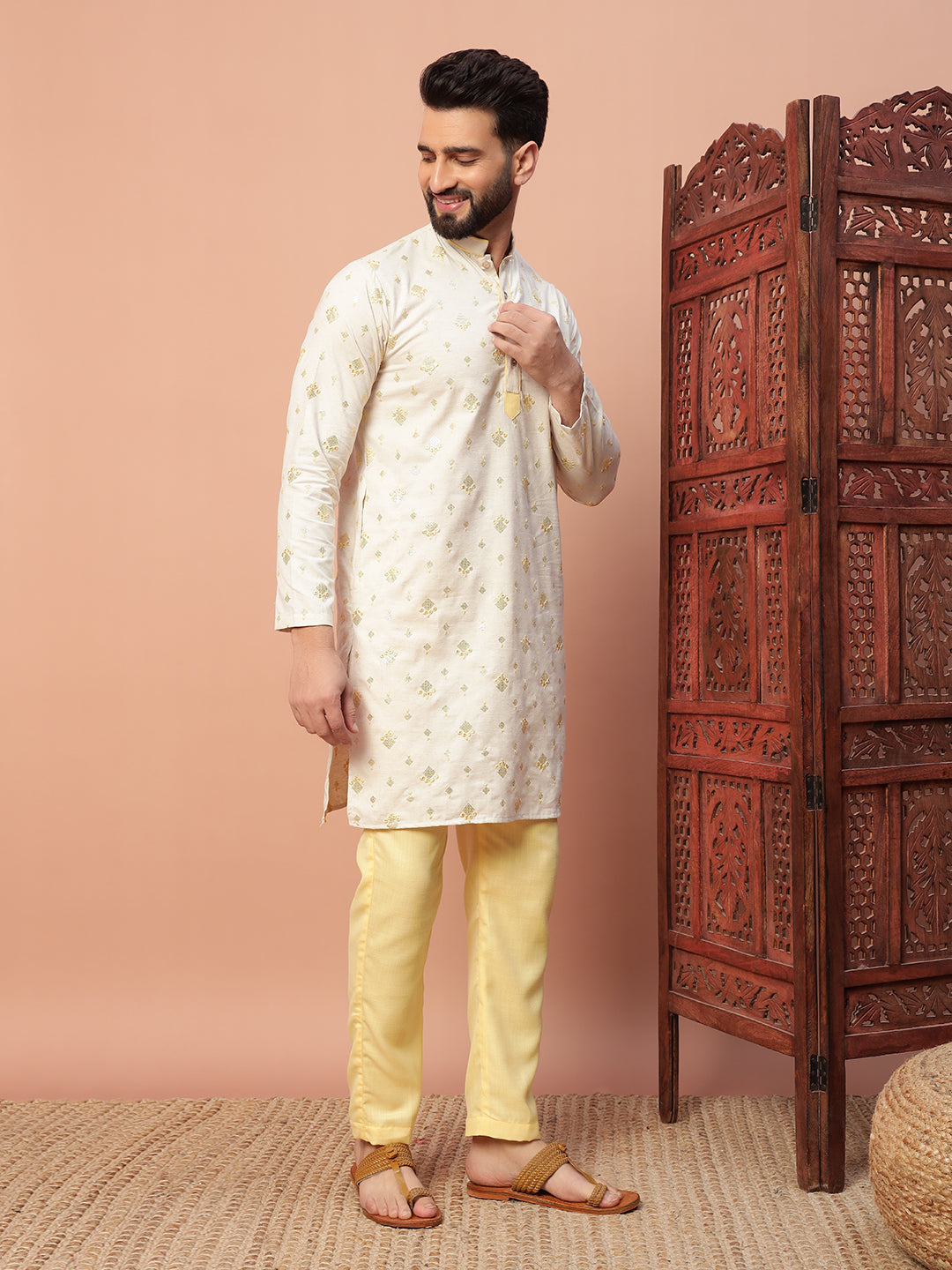 Natural Fabric with Yellow Butta Embroidery 100% Natural cotton kurta set