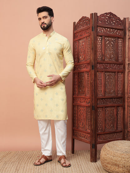 Yellow White Linen Kurta Set