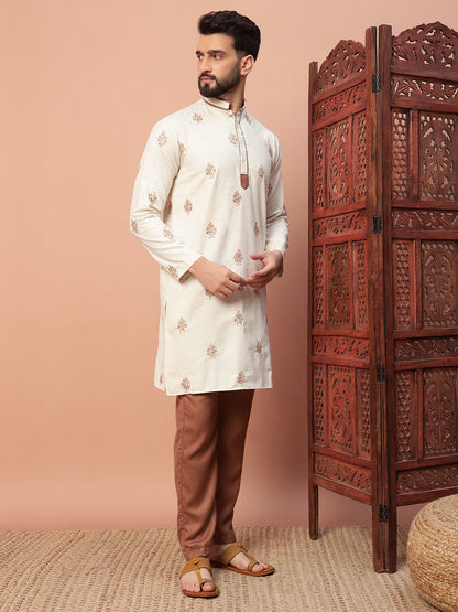 Natural Fabric with Brown Butta Embroidery on Natural Cotton kurta set