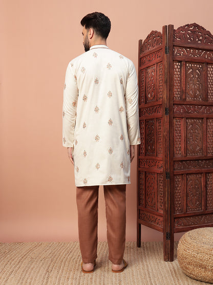 Natural Fabric with Brown Butta Embroidery on Natural Cotton kurta set