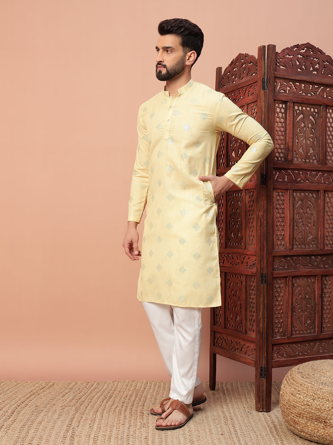 Yellow White Linen Kurta Set