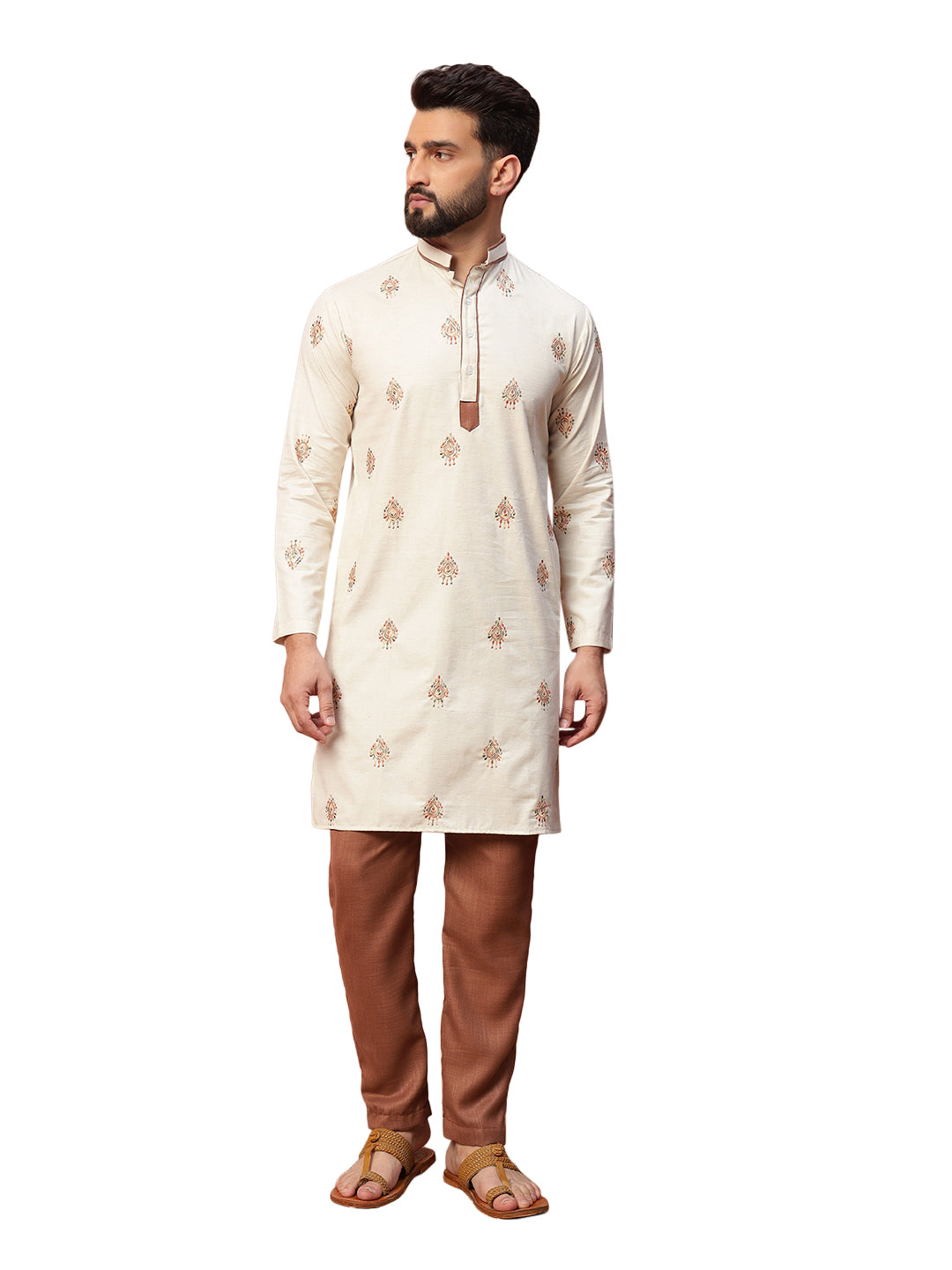 Natural Fabric with Brown Butta Embroidery on Natural Cotton kurta set