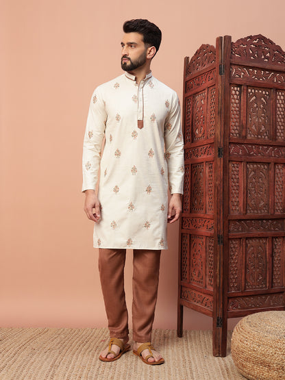 Natural Fabric with Brown Butta Embroidery on Natural Cotton kurta set