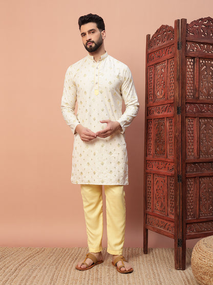 Natural Fabric with Yellow Butta Embroidery 100% Natural cotton kurta set