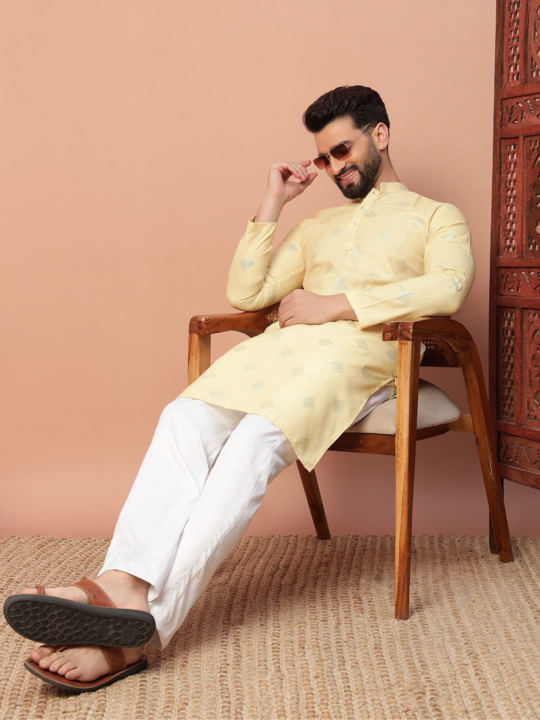 Yellow White Linen Kurta Set