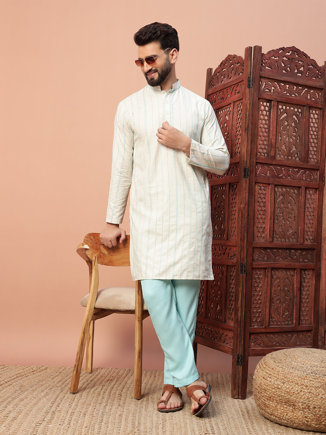 Blue Embroidery on 100% Natural Cotton Fabric kurta set