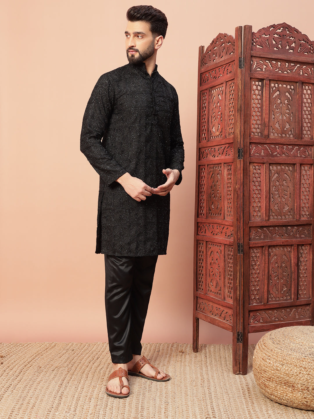 Solid Black Premium Embroidery Kurta