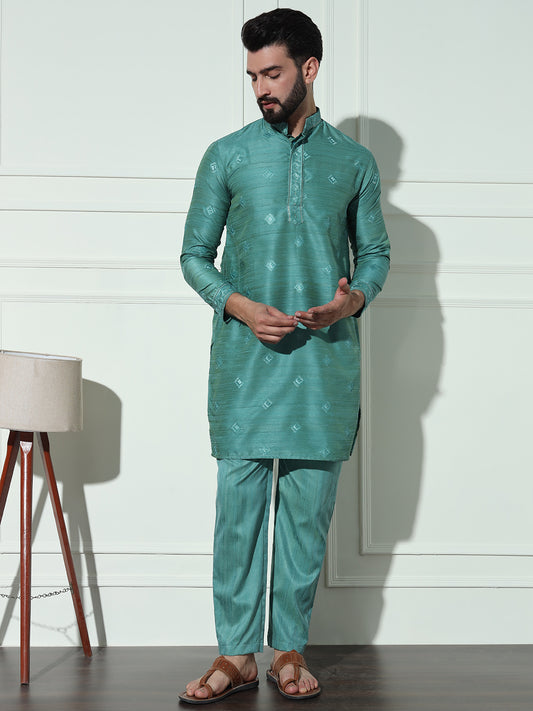 Turquoise Green Butta Embroidered Pure Cotton Kurta Set