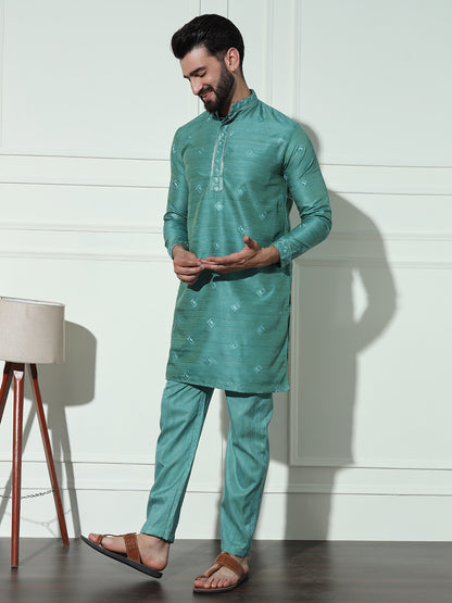 Turquoise Green Butta Embroidered Pure Cotton Kurta Set