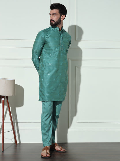 Turquoise Green Butta Embroidered Pure Cotton Kurta Set