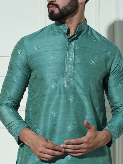 Turquoise Green Butta Embroidered Pure Cotton Kurta Set