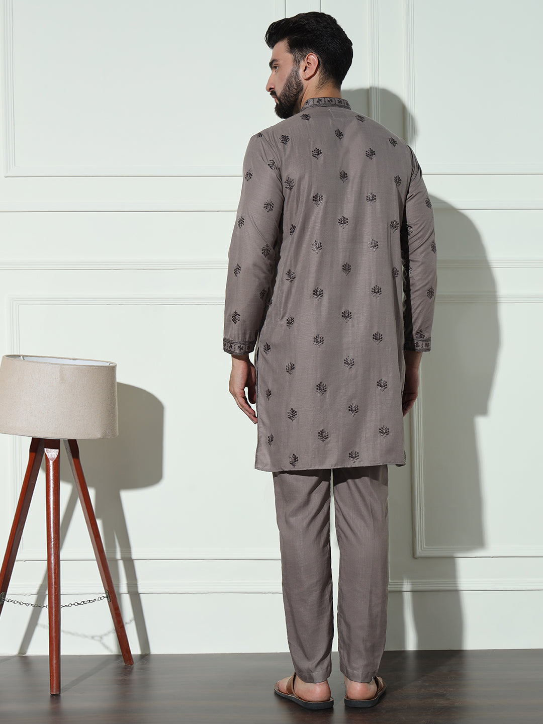 Dusky Brown Butta Embroidered Pure Cotton Kurta Set