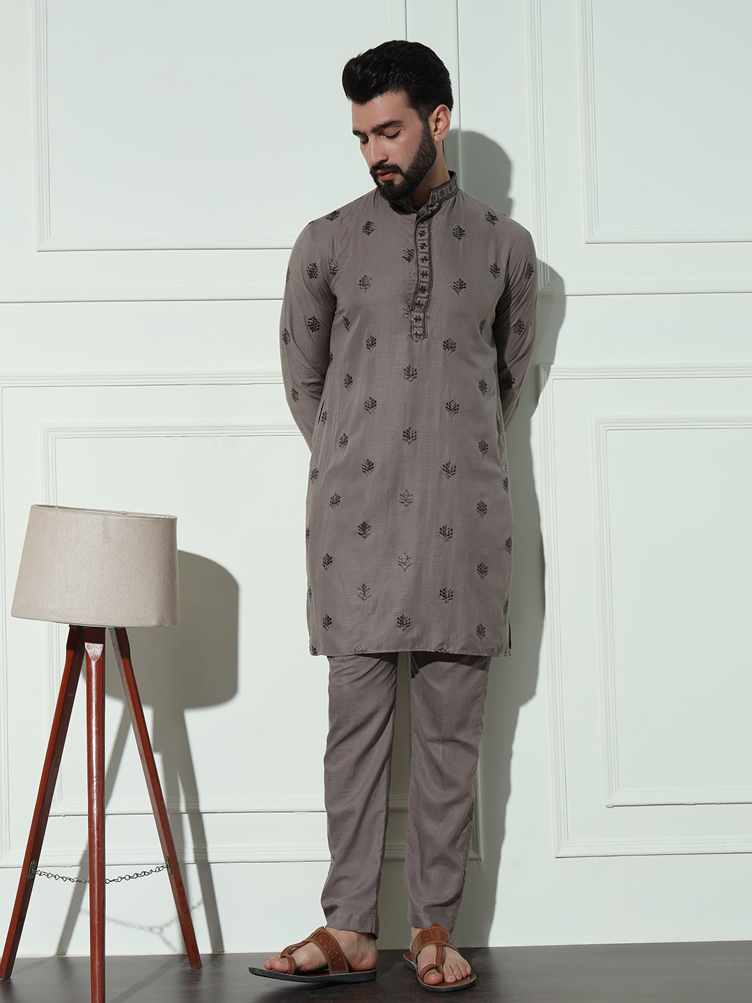 Dusky Brown Butta Embroidered Pure Cotton Kurta Set