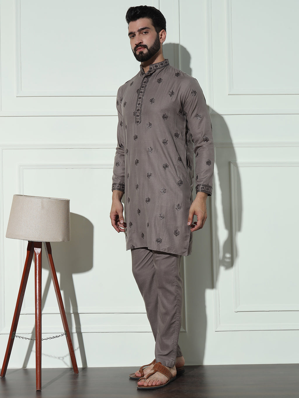 Dusty Grey Butta Embroidered Pure Cotton Kurta Set