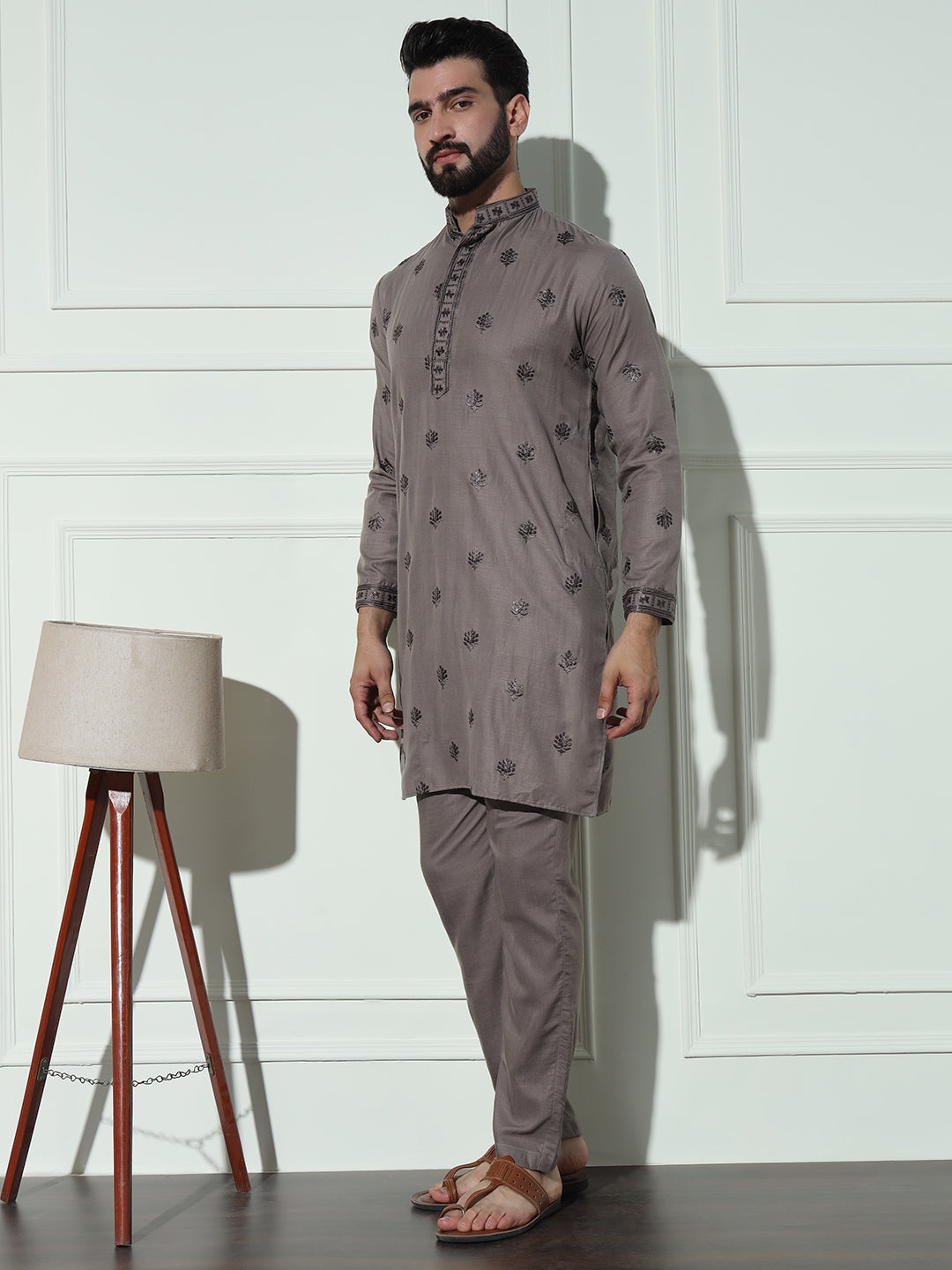 Dusky Brown Butta Embroidered Pure Cotton Kurta Set