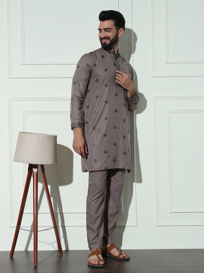 Dusky Brown Butta Embroidered Pure Cotton Kurta Set