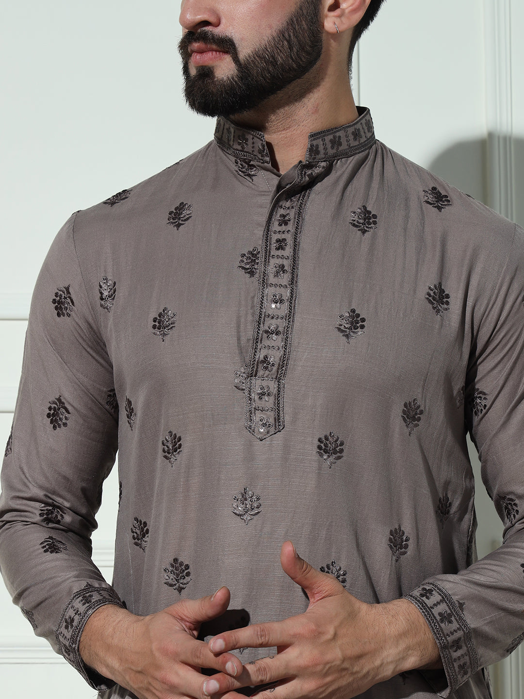 Dusky Brown Butta Embroidered Pure Cotton Kurta Set