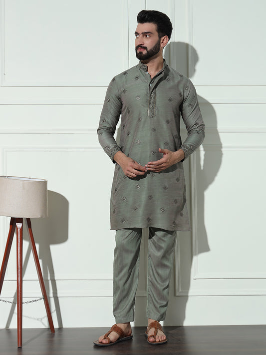 Dusty Green Butta Embroidered Pure Cotton Kurta Set