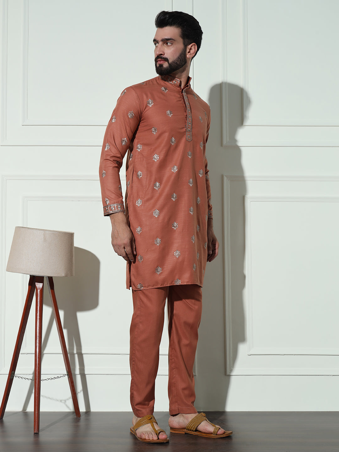 Orange Butta Embroidered Pure Cotton Kurta Set