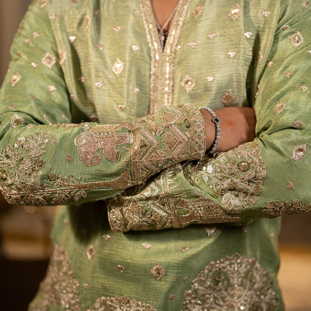 The Adhiraj Embroidered Kurta Set (Sage Celadon & Silver Zari)