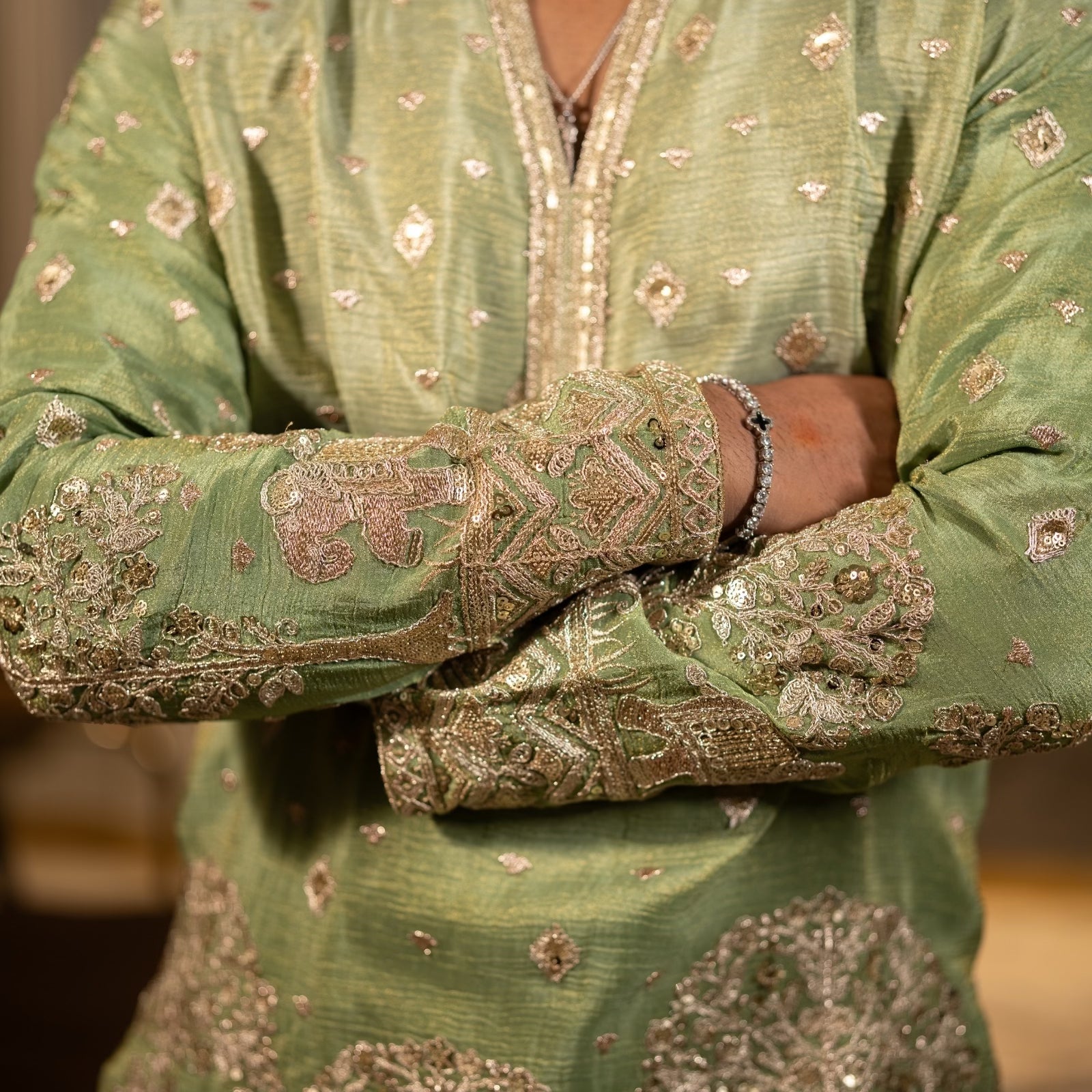 The Adhiraj Embroidered Kurta Set (Sage Celadon & Silver Zari)