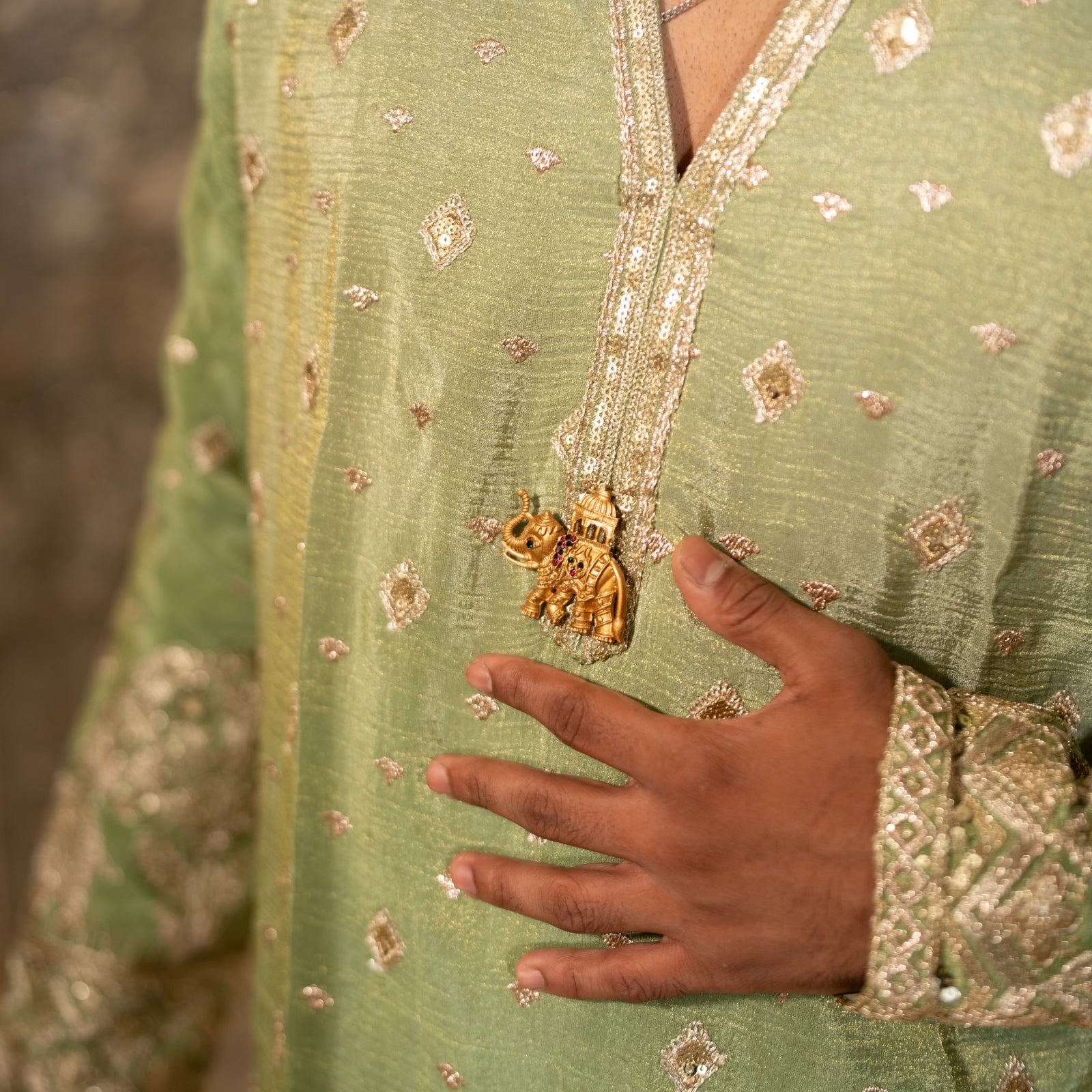 The Adhiraj Embroidered Kurta Set (Sage Celadon & Silver Zari)