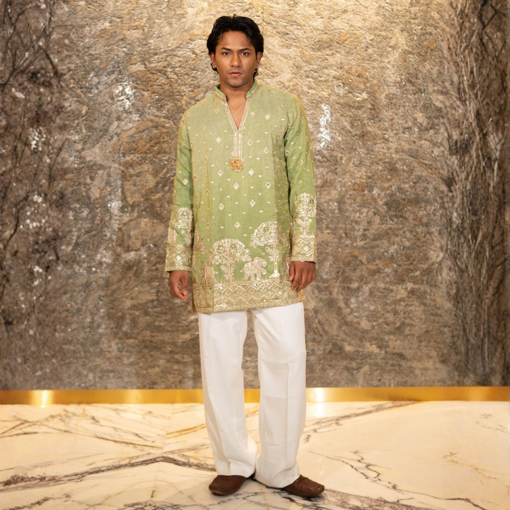 The Adhiraj Embroidered Kurta Set (Sage Celadon & Silver Zari)