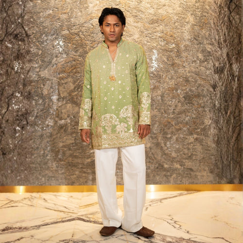 The Adhiraj Embroidered Kurta Set (Sage Celadon & Silver Zari)