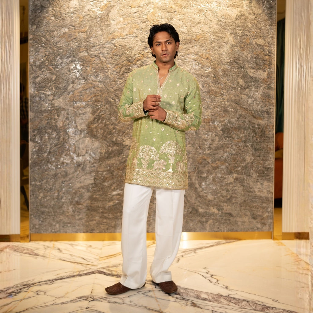 The Adhiraj Embroidered Kurta Set (Sage Celadon & Silver Zari)