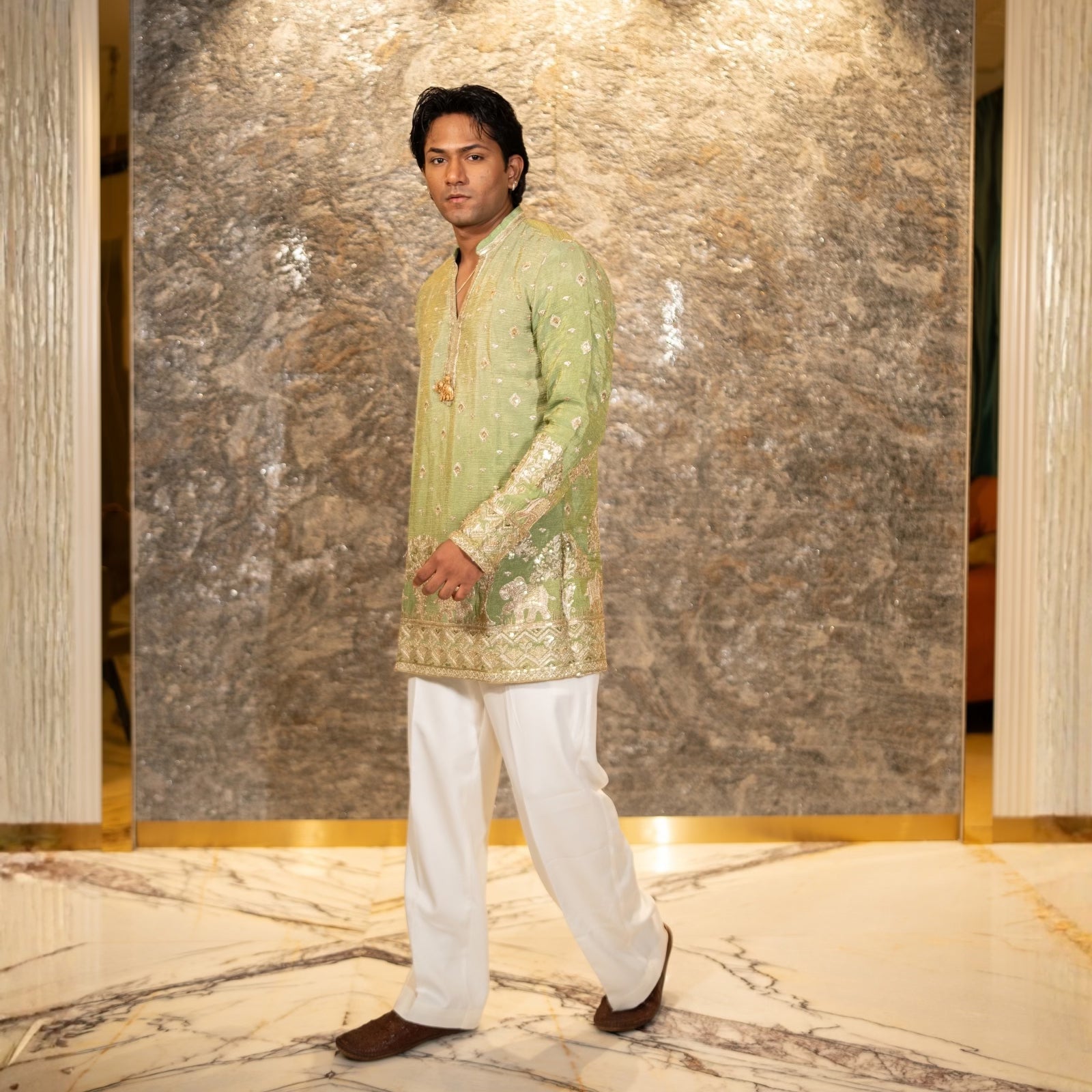 The Adhiraj Embroidered Kurta Set (Sage Celadon & Silver Zari)
