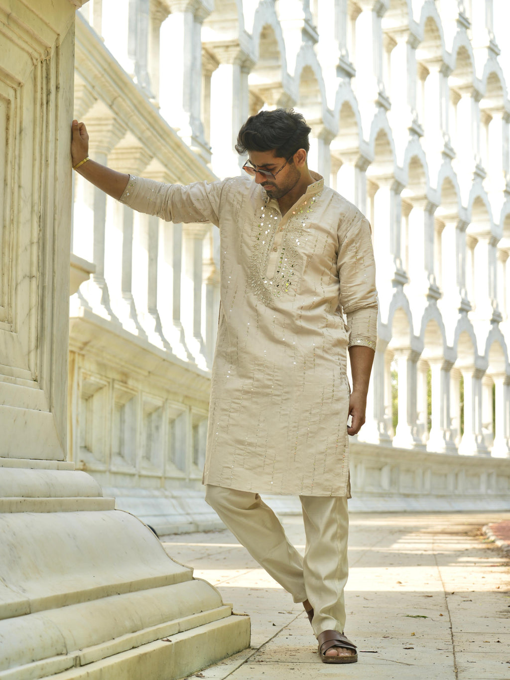 Roshni Beige Real-Mirror Neck Kurta With Sequined Embroidery Kurta Set