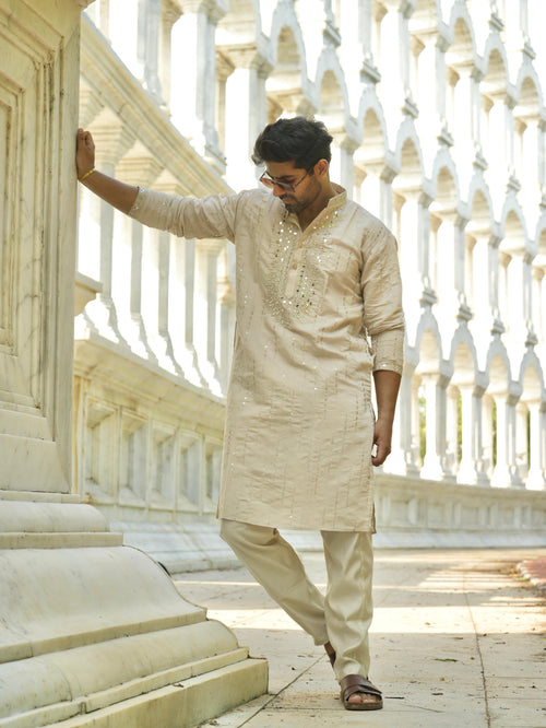 Roshni Beige Real-Mirror Neck Kurta With Sequined Embroidery Kurta Set