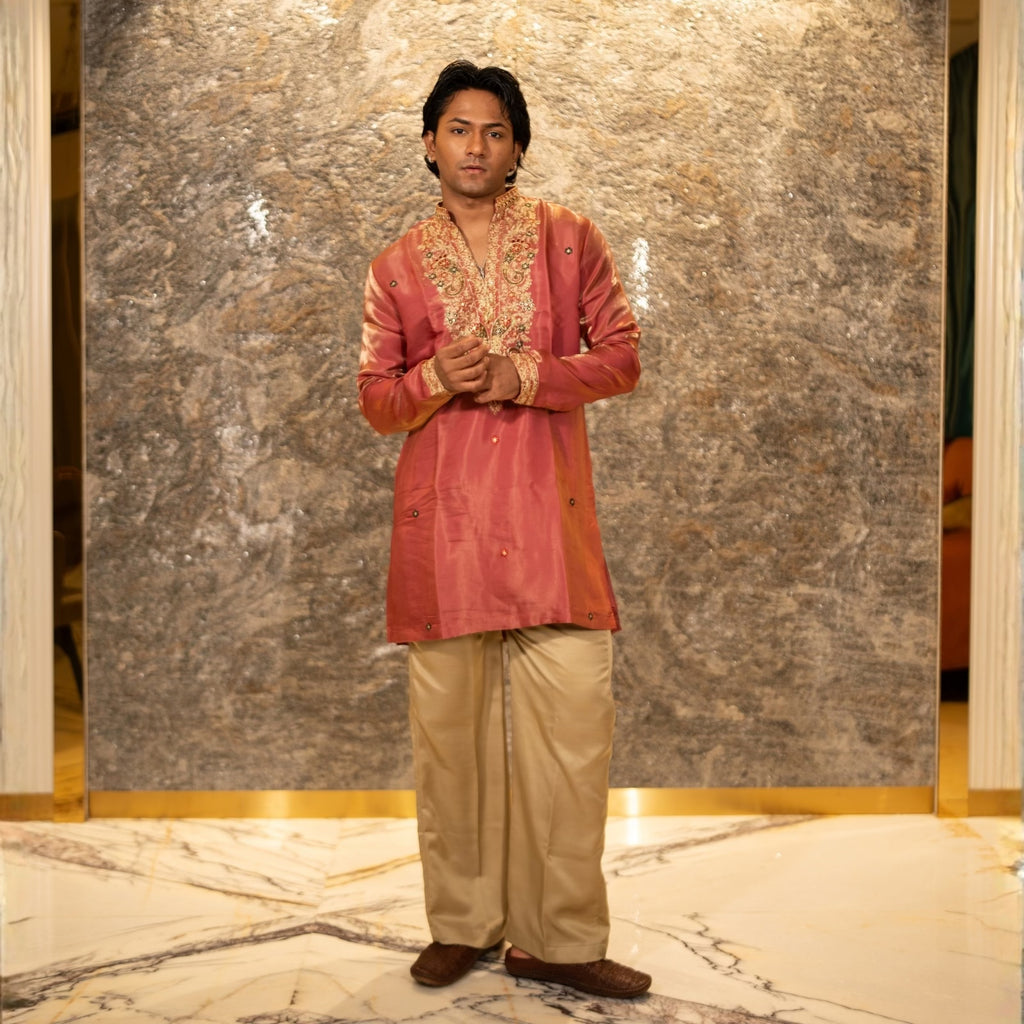 The Viraj Embroidered Kurta Pant Set (Dusty Rose & Copper Gold)
