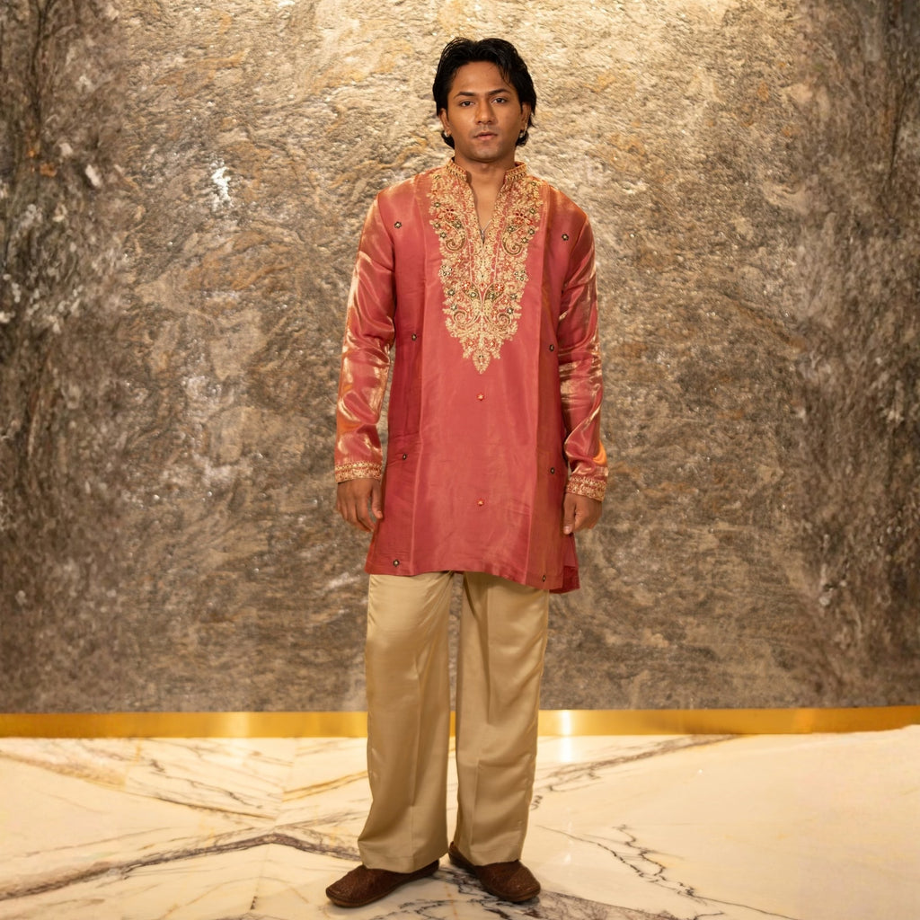 The Viraj Embroidered Kurta Pant Set (Dusty Rose & Copper Gold)