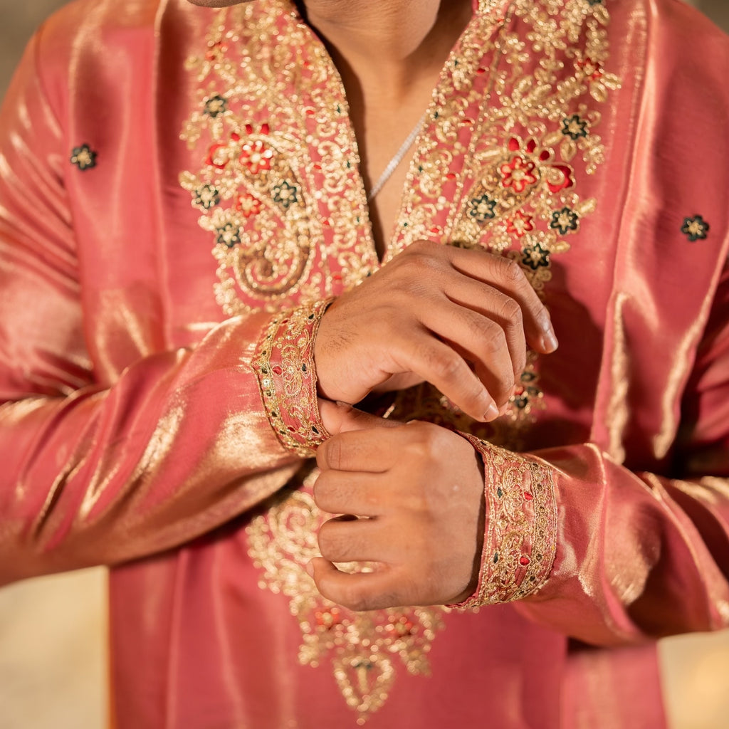 The Viraj Embroidered Kurta Pant Set (Dusty Rose & Copper Gold)